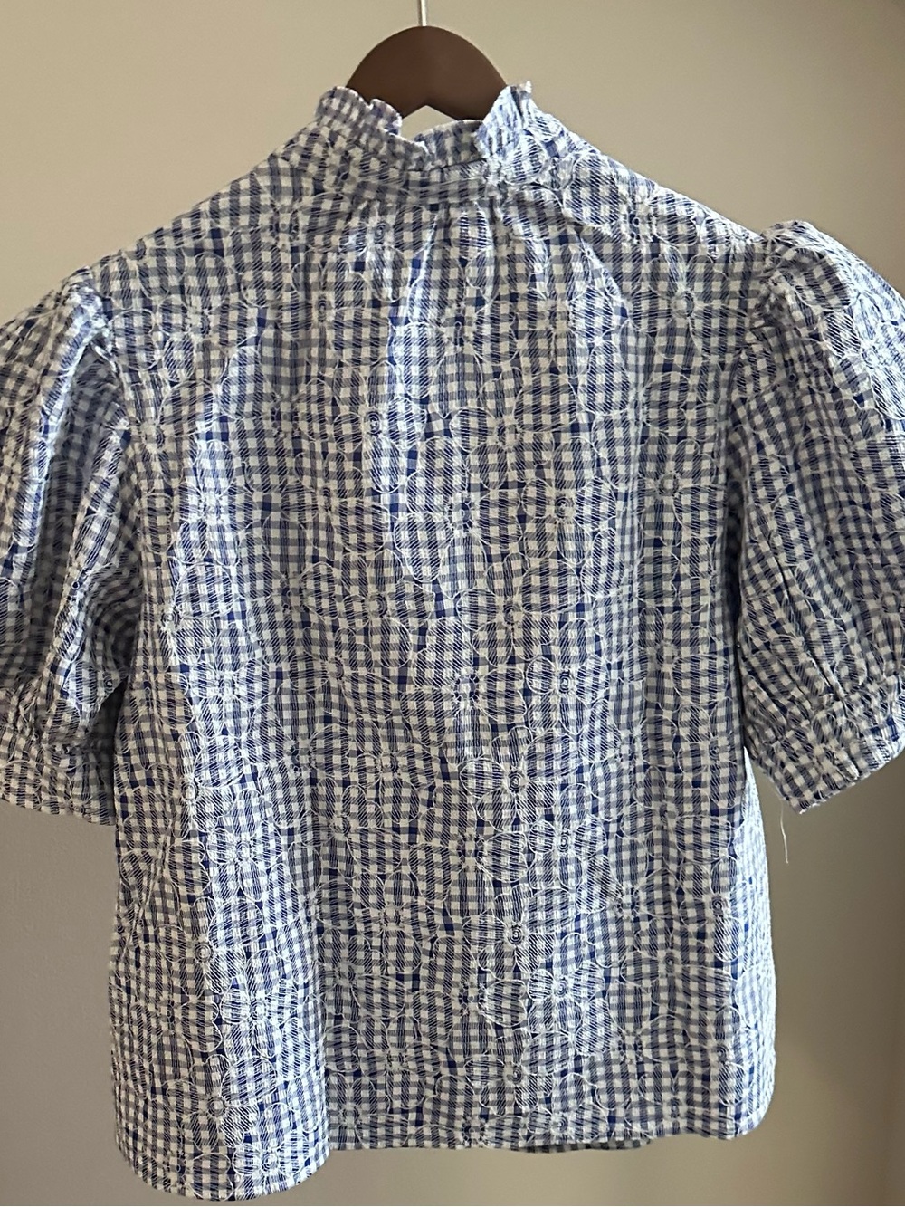 Blue Embroidered Gingham Puff Sleeve Shirt NWT - Picture 3 of 3